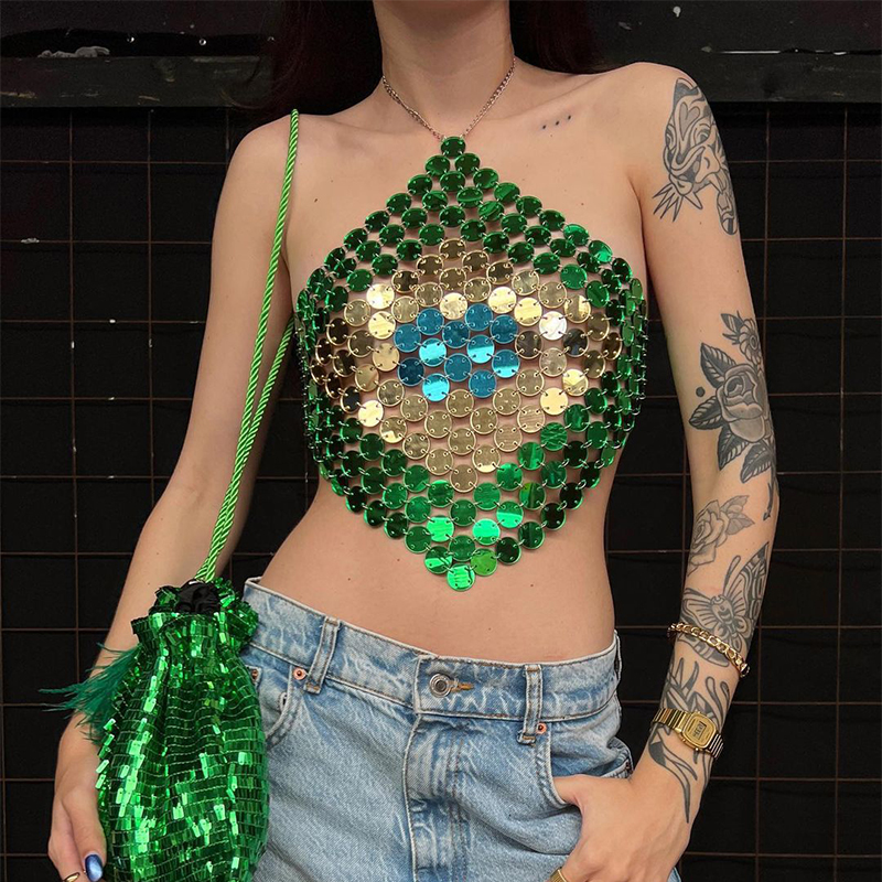 Body Jewelry Retainers - Women Brazil Flag Green Sequin Chainmail